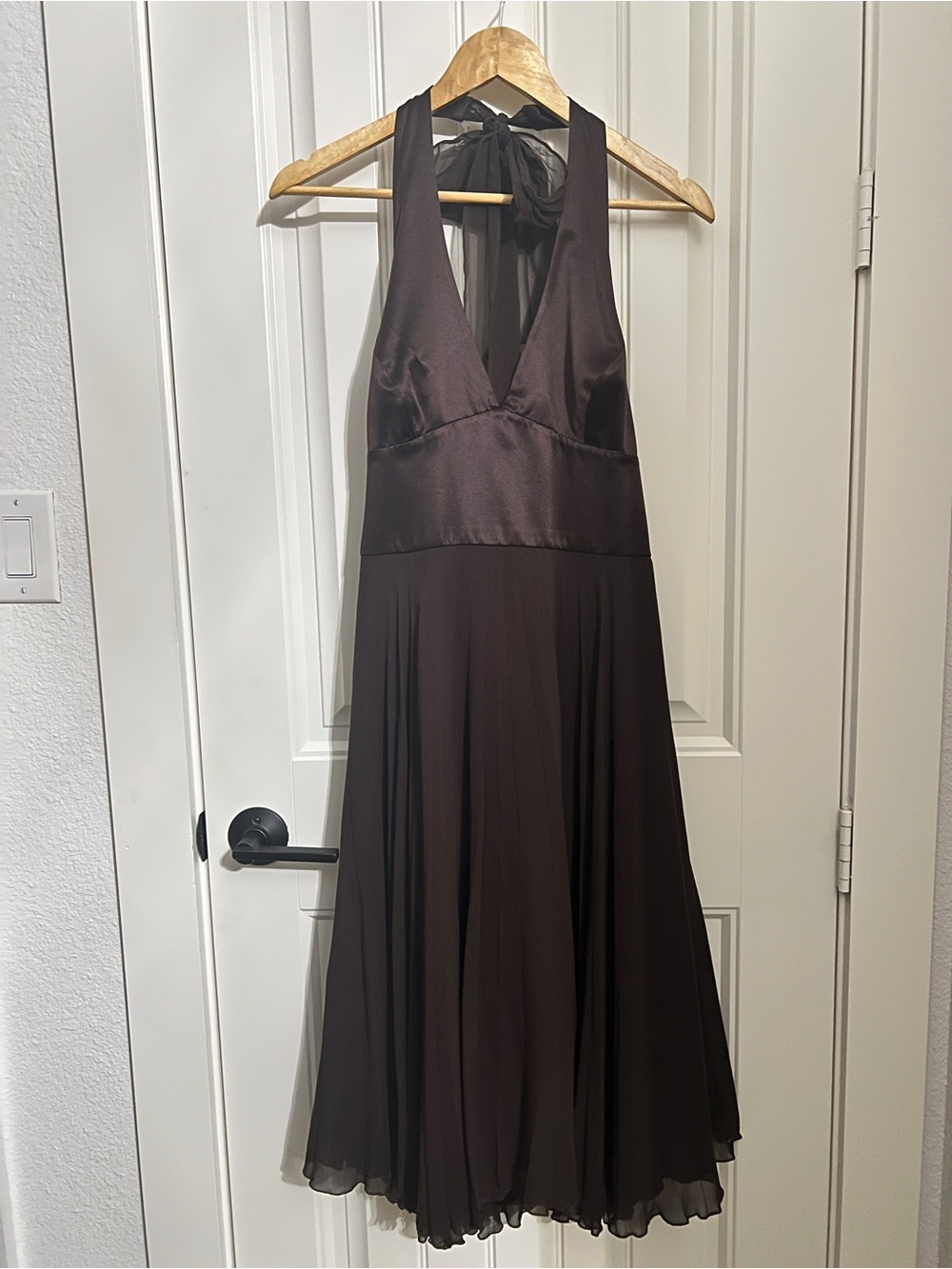 BCBG Max Azria 100% Silk, Pleated Halter Cocktail Dress, Size 12, Mocha Brown